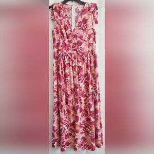 Chloe+Rene Women’s Pink Floral Sleeveless VNeck Ribboned Straps Maxi Dress 👗NWT